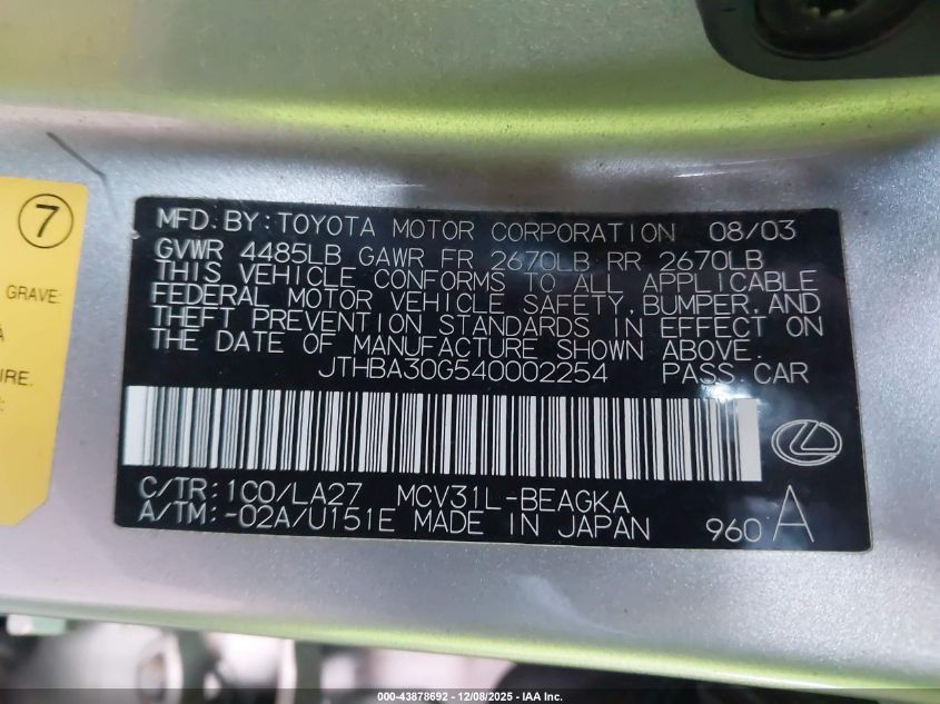 2004 Lexus Es 330 VIN: JTHBA30G540002254 Lot: 43878692