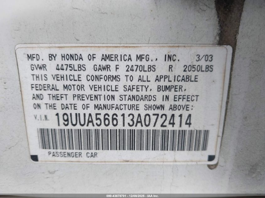 2003 Acura Tl 3.2 VIN: 19UUA56613A072414 Lot: 43878701