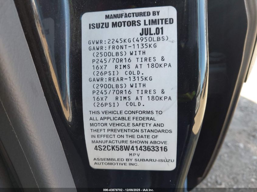 2001 Isuzu Rodeo Ls 3.2L V6/Lse 3.2L V6/S 3.2L V6 VIN: 4S2CK58W414363316 Lot: 43878702