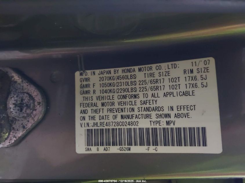 2008 Honda Cr-V Ex-L VIN: JHLRE48728C024802 Lot: 43878704