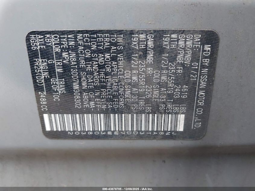 2021 Nissan Rogue Platinum Intelligent Awd VIN: JN8AT3DD7MW308302 Lot: 43878705