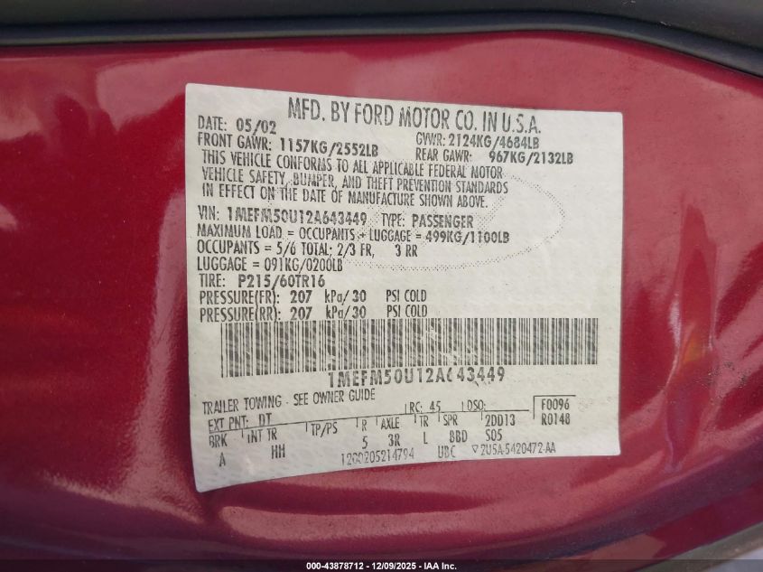 2002 Mercury Sable Gs VIN: 1MEFM50U12A643449 Lot: 43878712