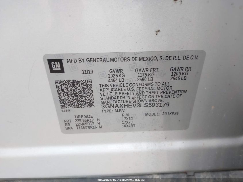 2020 Chevrolet Equinox Fwd Ls VIN: 3GNAXHEV3LS593179 Lot: 43878715