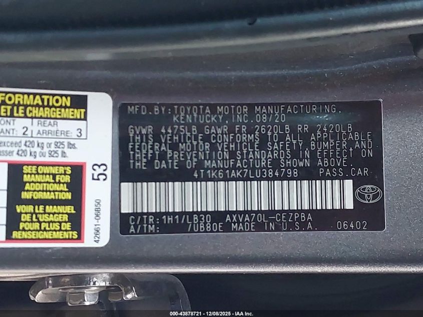 2020 Toyota Camry Xse VIN: 4T1K61AK7LU384798 Lot: 43878721