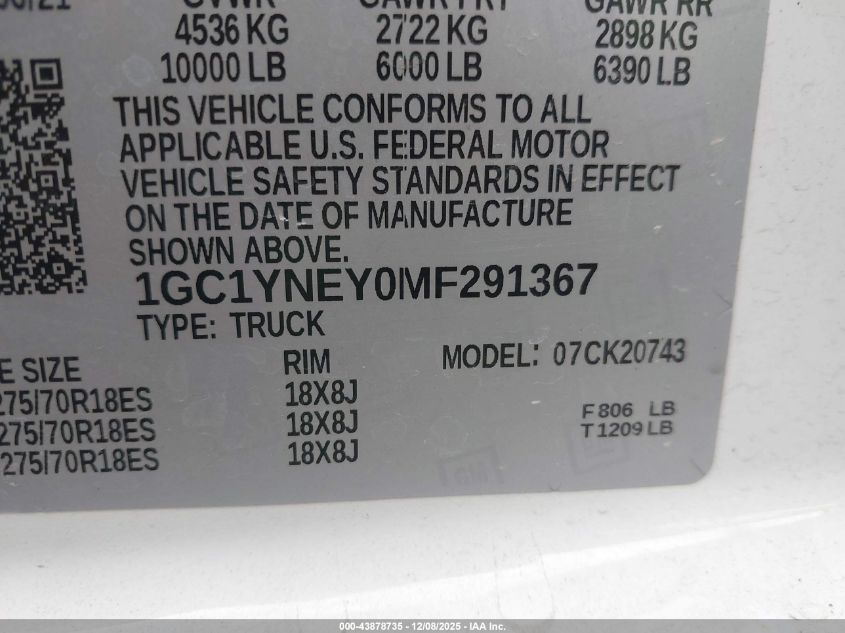 2021 Chevrolet Silverado 2500Hd 4Wd Standard Bed Lt VIN: 1GC1YNEYOMF291367 Lot: 43878735