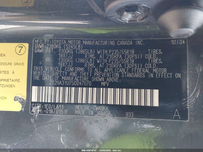 2005 Lexus Rx 330 VIN: 2T2HA31U75C047070 Lot: 43878747