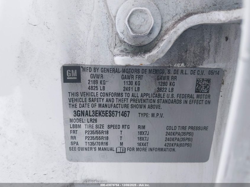 2014 Chevrolet Captiva Sport Lt VIN: 3GNAL3EK5ES671467 Lot: 43878754