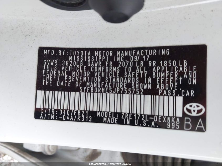 2018 Toyota Corolla Le VIN: 5YFBURHE5JP755752 Lot: 43878756