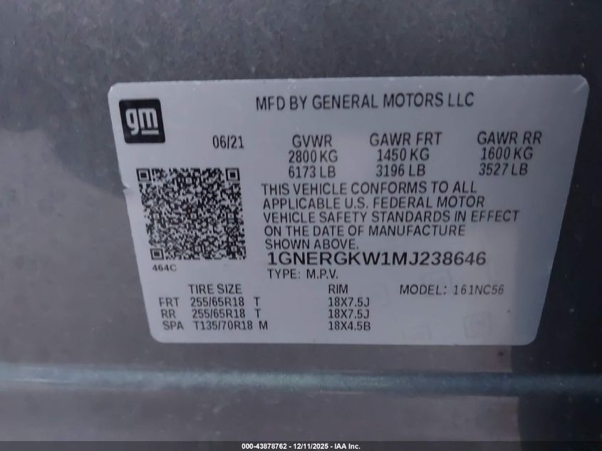 2021 Chevrolet Traverse Fwd Lt Cloth VIN: 1GNERGKW1MJ238646 Lot: 43878762