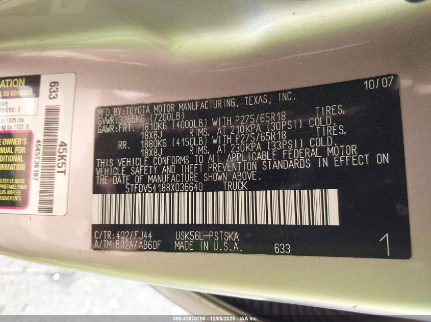 2008 Toyota Tundra Sr5 5.7L V8 VIN: 5TFDV54188X036640 Lot: 43878796