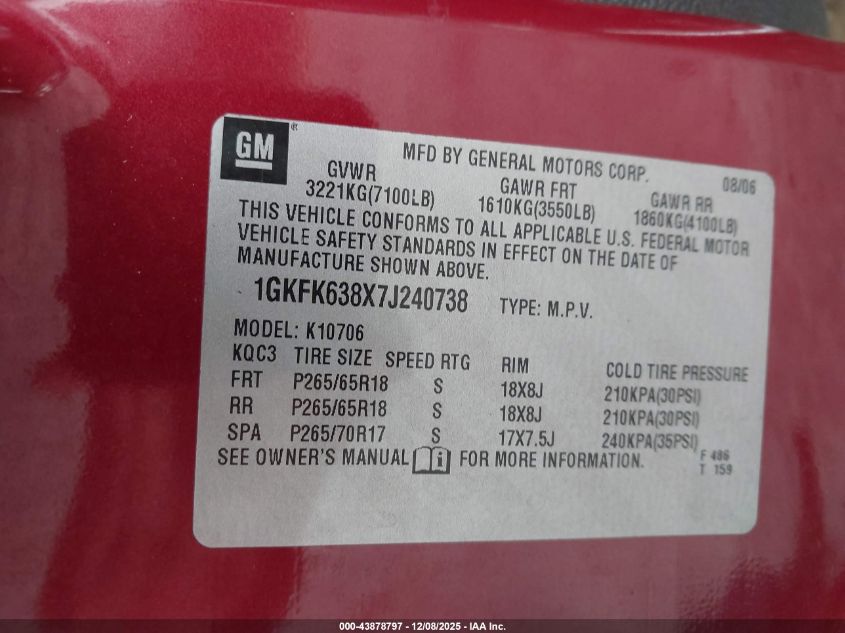2007 GMC Yukon Denali VIN: 1GKFK638X7J240738 Lot: 43878797