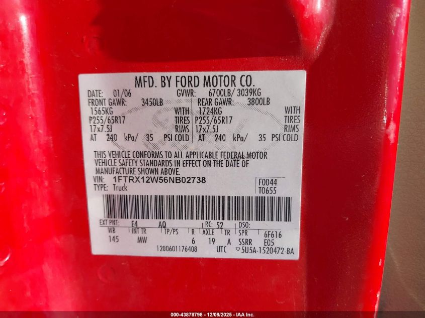 2006 Ford F-150 Stx/Xl/Xlt VIN: 1FTRX12W56NB02738 Lot: 43878798
