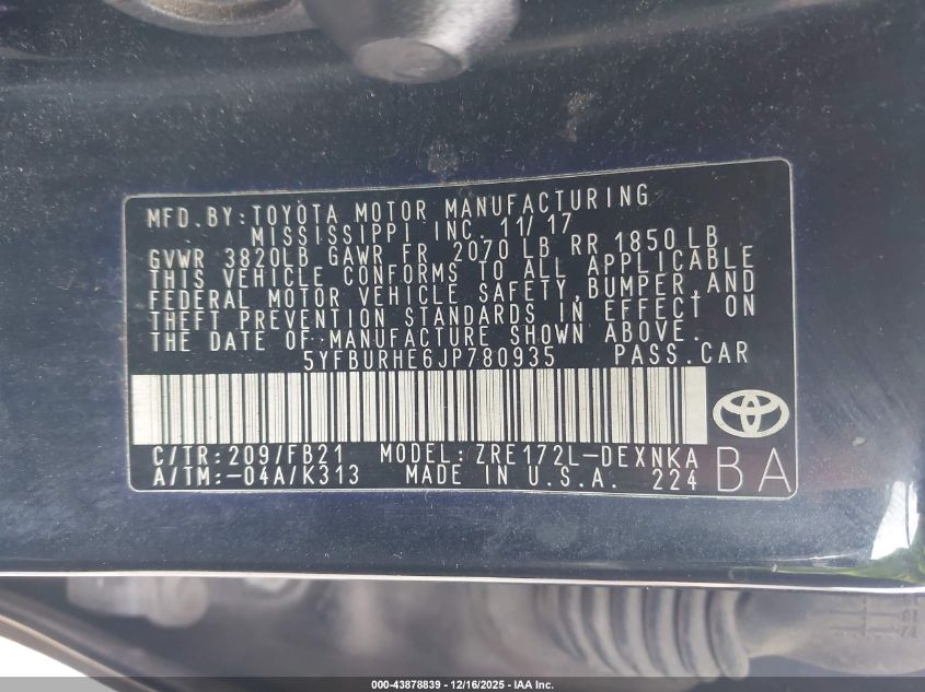 2018 Toyota Corolla Le VIN: 5YFBURHE6JP780935 Lot: 43878839