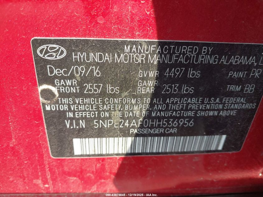 2017 Hyundai Sonata Se VIN: 5NPE24AF0HH536956 Lot: 43878845