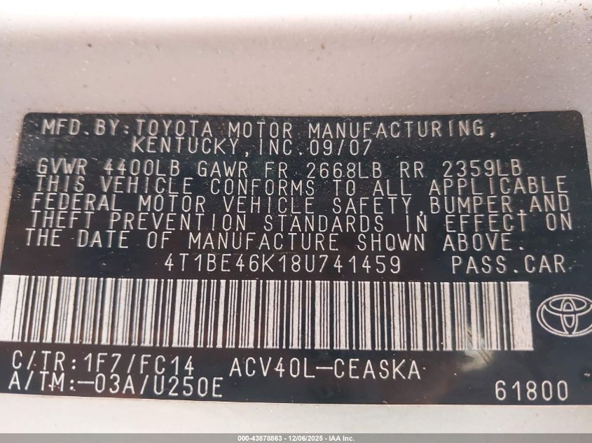 2008 Toyota Camry Se VIN: 4T1BE46K18U741459 Lot: 43878863