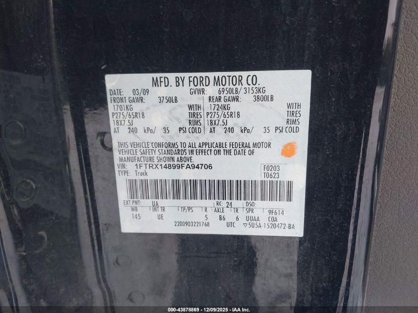 2009 Ford F-150 Stx/Xl/Xlt VIN: 1FTRX14899FA94706 Lot: 43878869