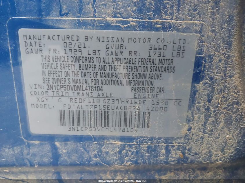 2021 Nissan Kicks Sr Xtronic Cvt VIN: 3N1CP5DV0ML478104 Lot: 43878872