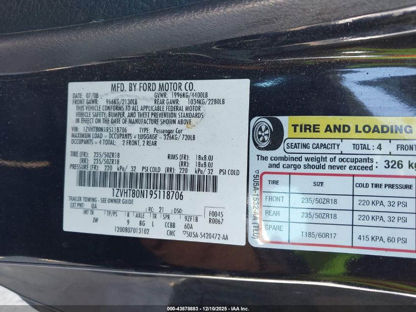 2009 Ford Mustang V6/V6 Premium VIN: 1ZVHT80N195118706 Lot: 43878883