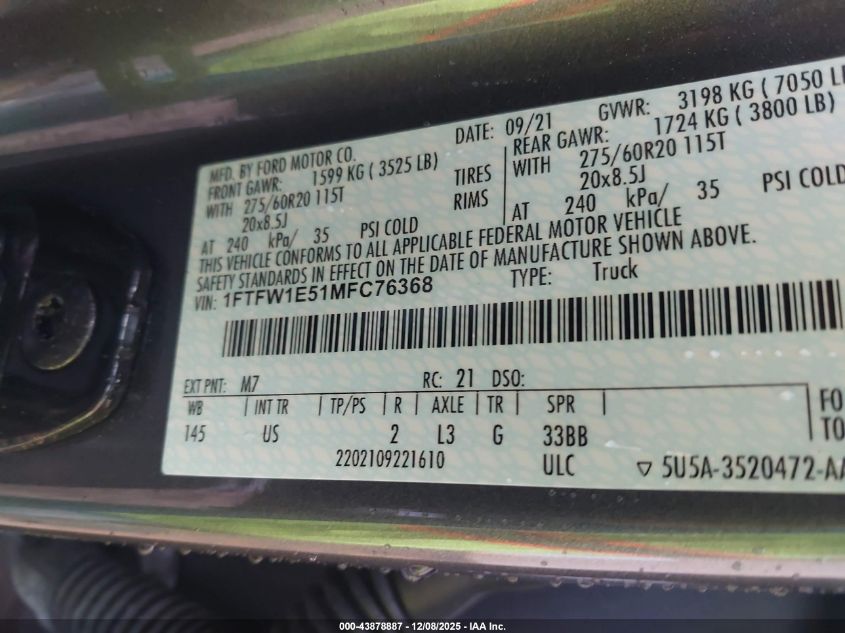 2021 Ford F-150 Xlt VIN: 1FTFW1E51MFC76368 Lot: 43878887