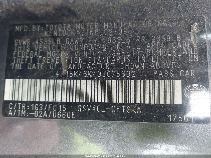 2009 Toyota Camry Se V6 VIN: 4T1BK46K49U075692 Lot: 43878897