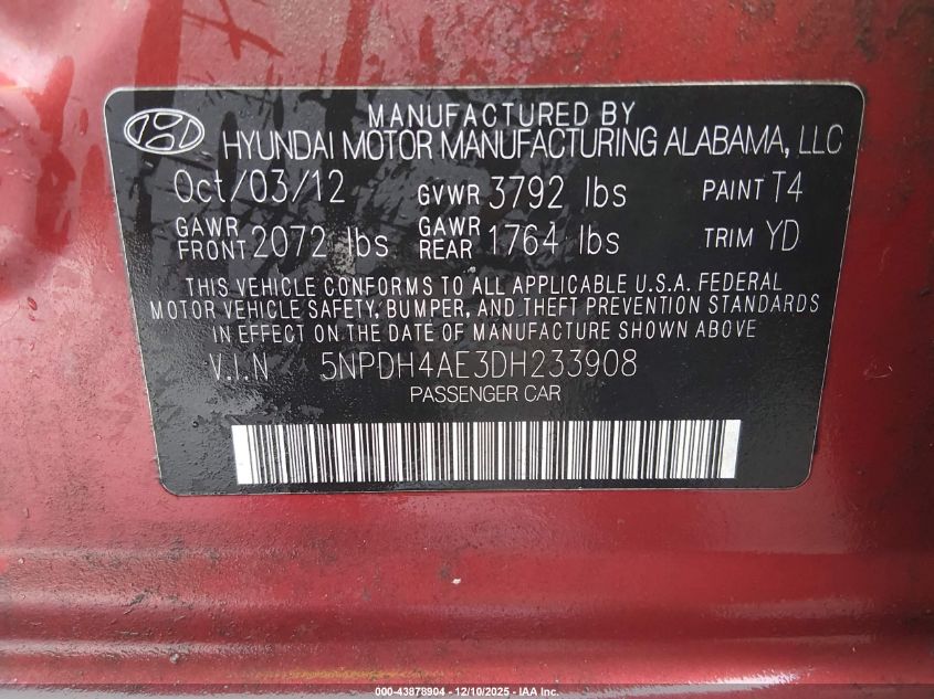 2013 Hyundai Elantra Gls VIN: 5NPDH4AE3DH233908 Lot: 43878904