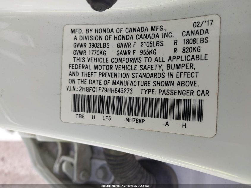 2017 Honda Civic Ex-L VIN: 2HGFC1F79HH643273 Lot: 43878916
