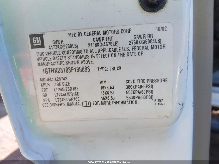2003 GMC Sierra 2500Hd Sle VIN: 1GTHK23103F138863 Lot: 43878921