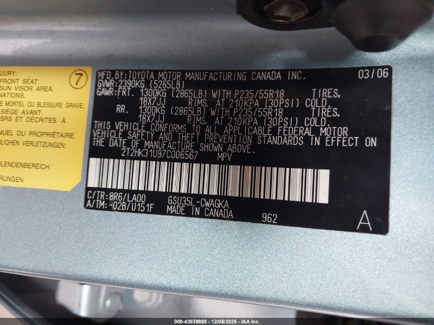 2007 Lexus Rx 350 VIN: 2T2HK31U97C006567 Lot: 43878925