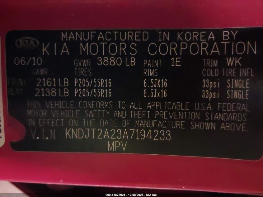 2010 Kia Soul + VIN: KNDJT2A23A7194233 Lot: 43878924