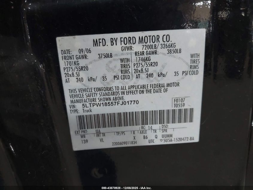 2007 Lincoln Mark Lt VIN: 5LTPW18557FJ01770 Lot: 43878928