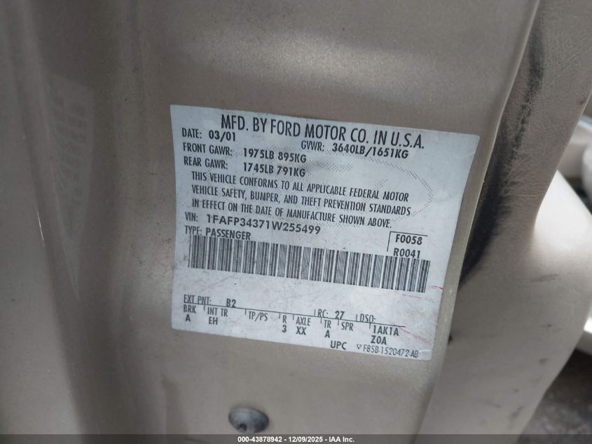 2001 Ford Focus Se VIN: 1FAFP34371W255499 Lot: 43878942