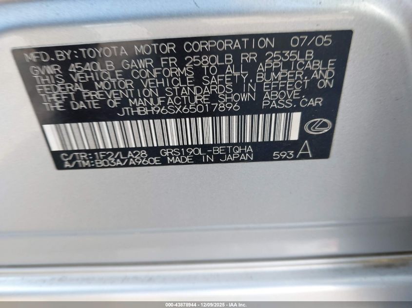 2006 Lexus Gs 300 VIN: JTHBH96SX65017896 Lot: 43878944