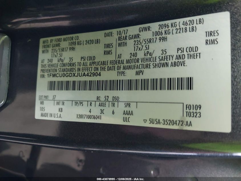 2018 Ford Escape Se VIN: 1FMCU0GDXJUA42904 Lot: 43878995