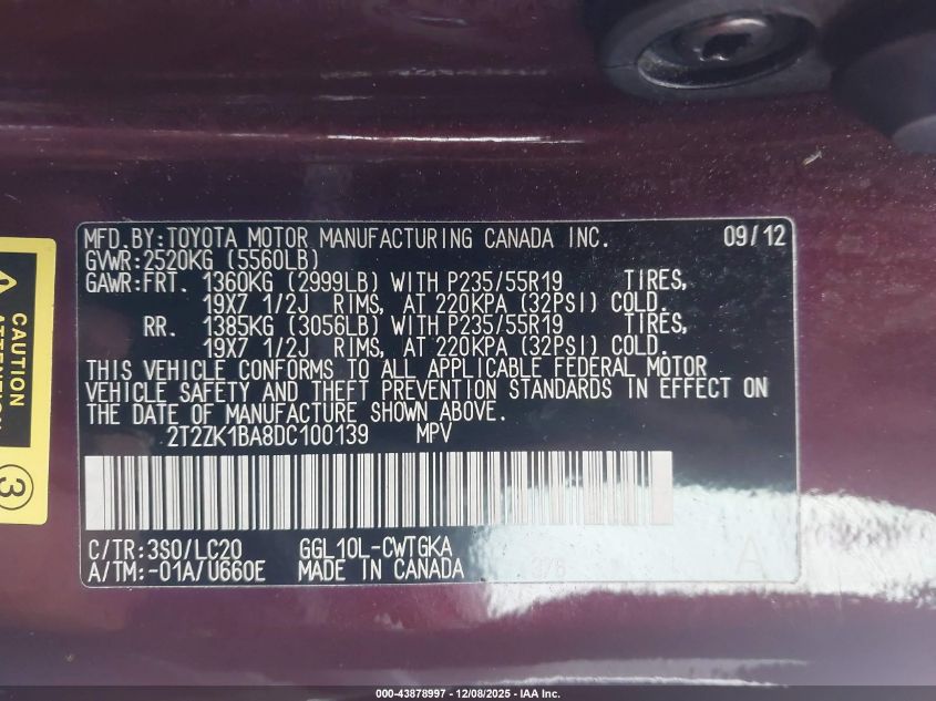 2013 Lexus Rx 350 VIN: 2T2ZK1BA8DC100139 Lot: 43878997