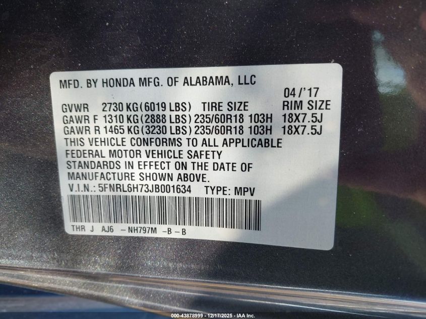 2018 Honda Odyssey Ex-L VIN: 5FNRL6H73JB001634 Lot: 43878999