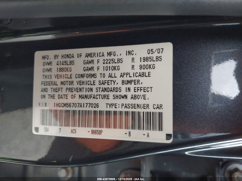 2007 Honda Accord 2.4 Ex VIN: 1HGCM56707A177026 Lot: 43878988