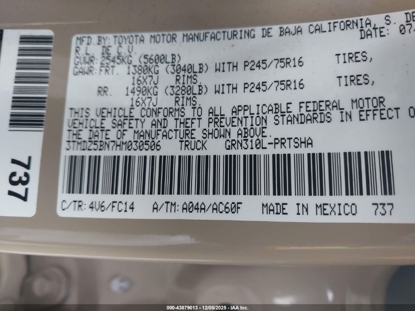 2017 Toyota Tacoma Sr5 V6 VIN: 3TMDZ5BN7HM030506 Lot: 43879013