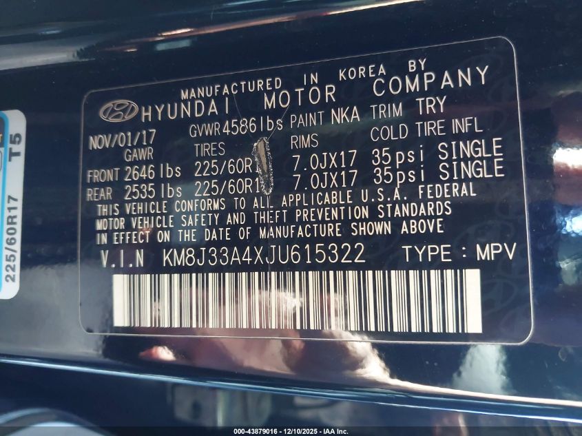 2018 Hyundai Tucson Sel VIN: KM8J33A4XJU615322 Lot: 43879016