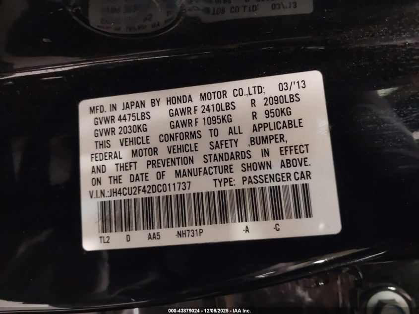 2013 Acura Tsx 2.4 VIN: JH4CU2F42DC011737 Lot: 43879024