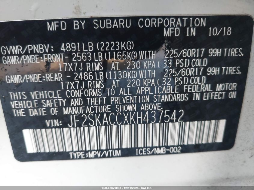 2019 Subaru Forester VIN: JF2SKACCXKH437542 Lot: 43879033