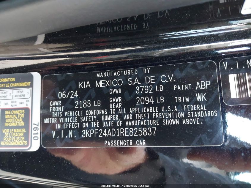 2024 Kia Forte Lxs VIN: 3KPF24AD1RE825837 Lot: 43879040