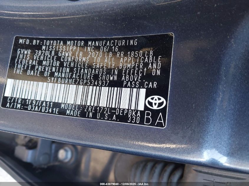 2016 Toyota Corolla L VIN: 5YFBURHE7GP534937 Lot: 43879048