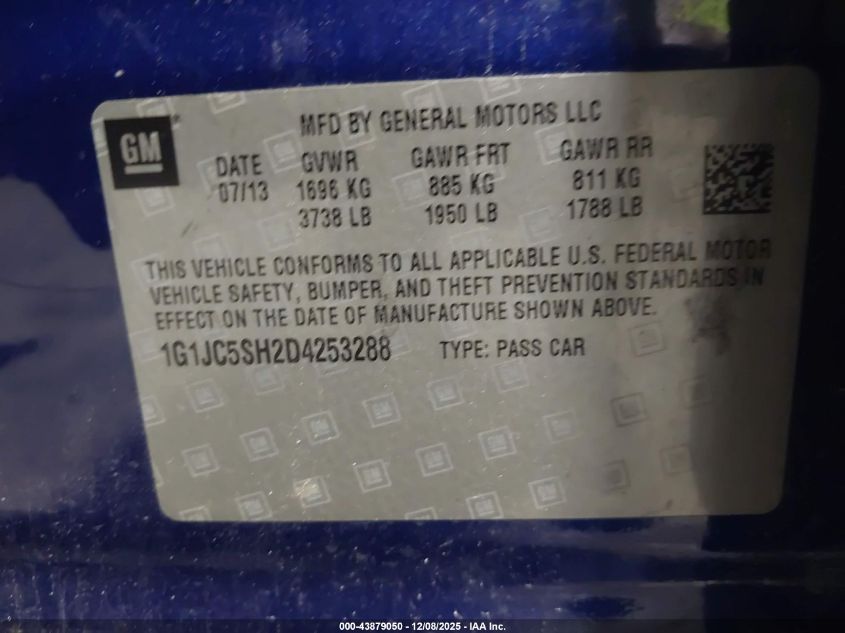 2013 Chevrolet Sonic Lt Auto VIN: 1G1JC5SH2D4253288 Lot: 43879050