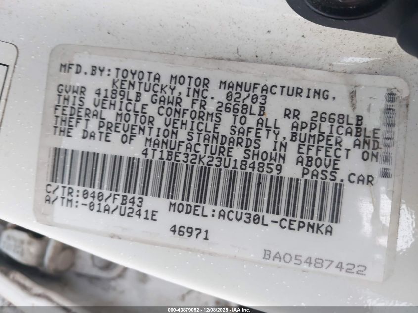 2003 Toyota Camry Le VIN: 4T1BE32K23U184859 Lot: 43879052