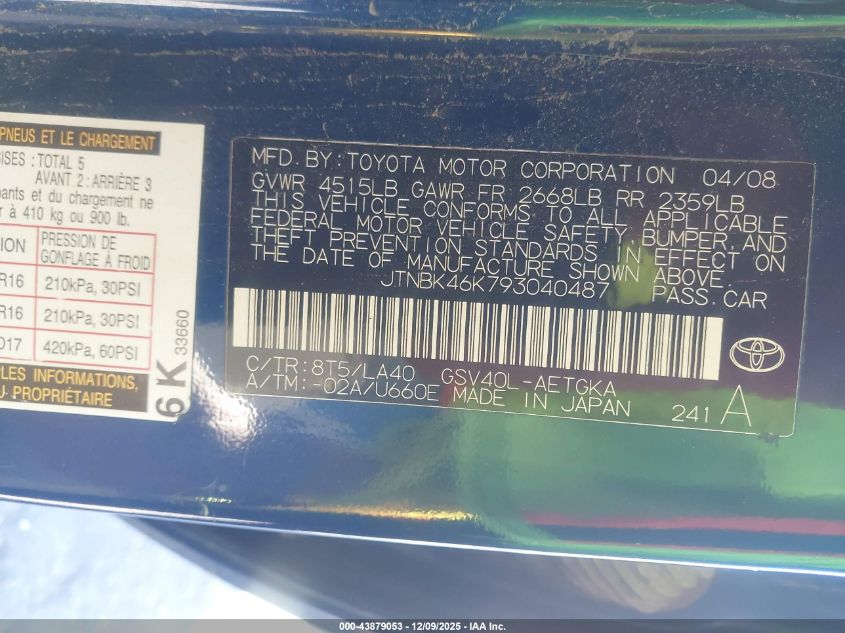 2009 Toyota Camry Xle V6 VIN: JTNBK46K793040487 Lot: 43879053