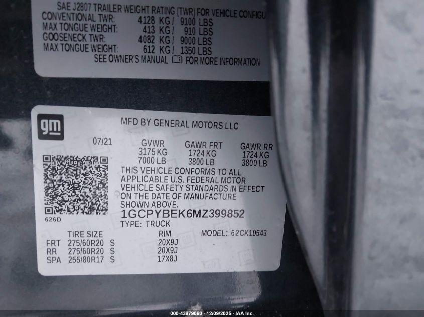 2021 Chevrolet Silverado 1500 4Wd Short Bed Custom VIN: 1GCPYBEK6MZ399852 Lot: 43879060