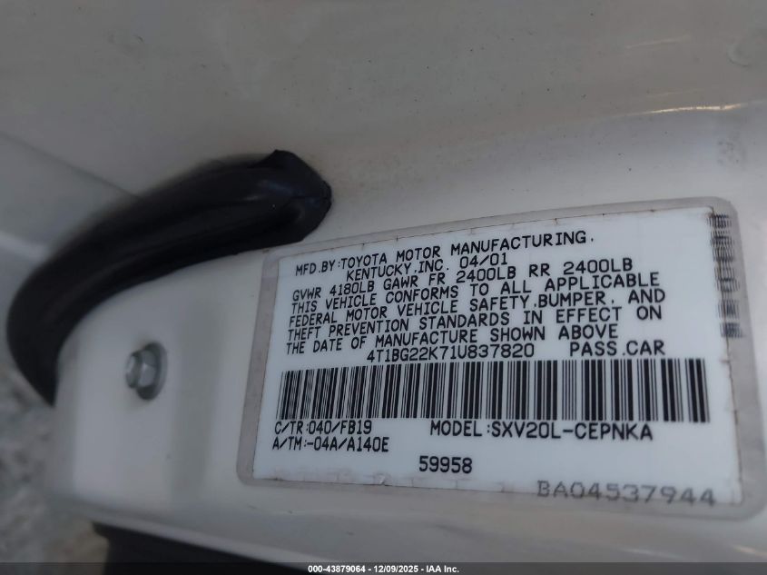 2001 Toyota Camry Le VIN: 4T1BG22K71U837820 Lot: 43879064