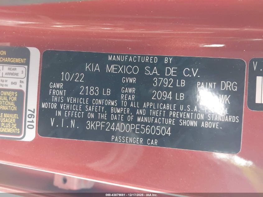 2023 Kia Forte Lxs VIN: 3KPF24AD0PE560504 Lot: 43879081