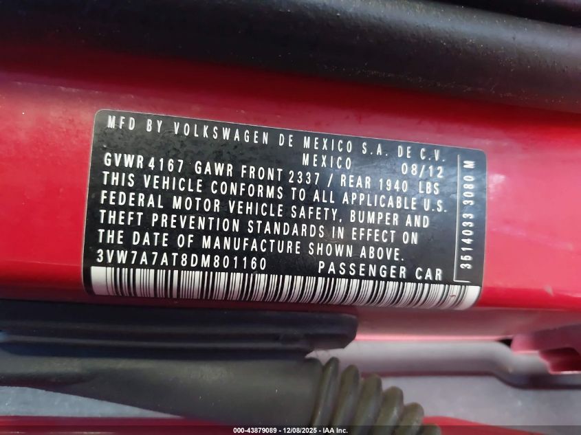 2013 Volkswagen Beetle Turbo VIN: 3VW7A7AT8DM801160 Lot: 43879089