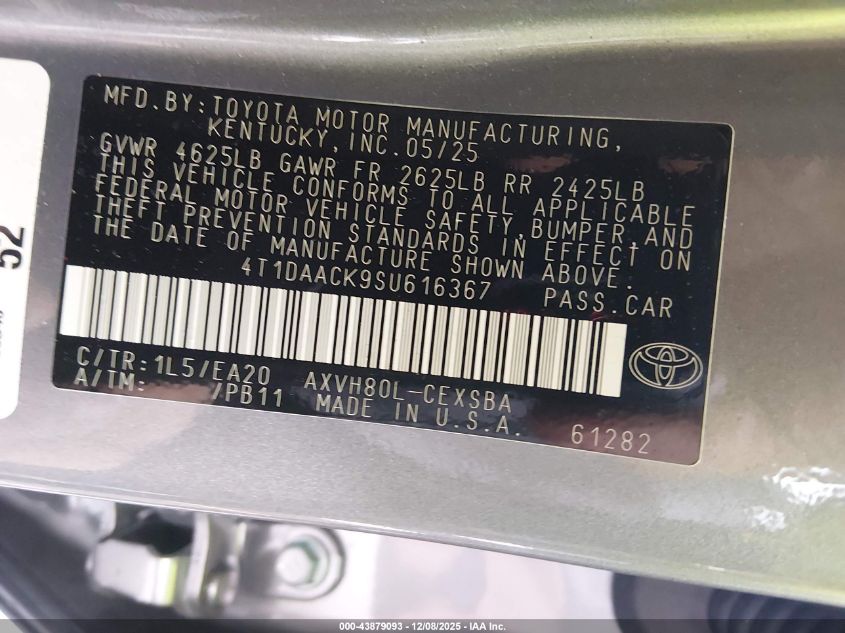 2025 Toyota Camry Se VIN: 4T1DAACK9SU616367 Lot: 43879093